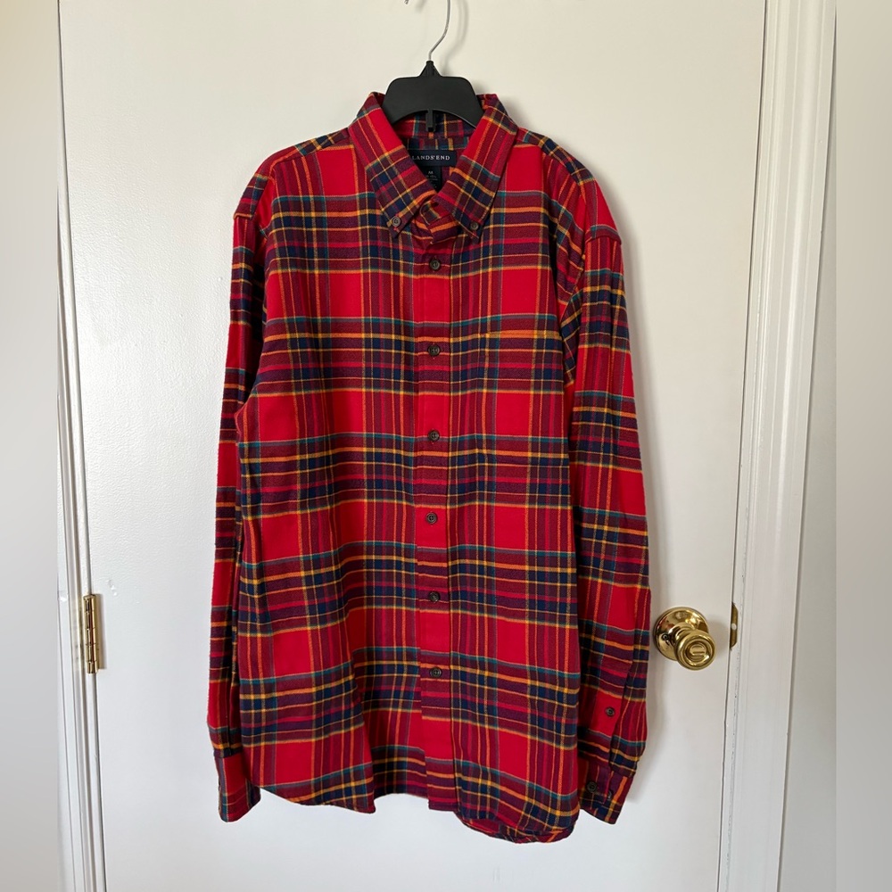 Lands' End Red and Blue Plaid Men's Flannel Shirt
